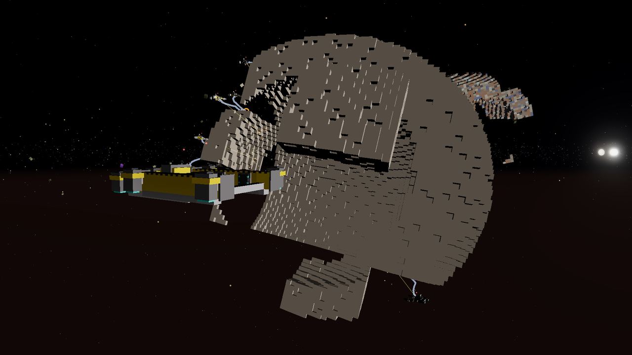 Cultures of the Belt — miner robots tethered to a carved voxel asteroid, a hauler docked alongside, the Sun on the horizon