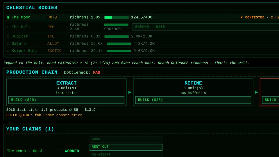 Infiniclicker: the green terminal of a contested-commons extraction operation, moon claims and a production chain