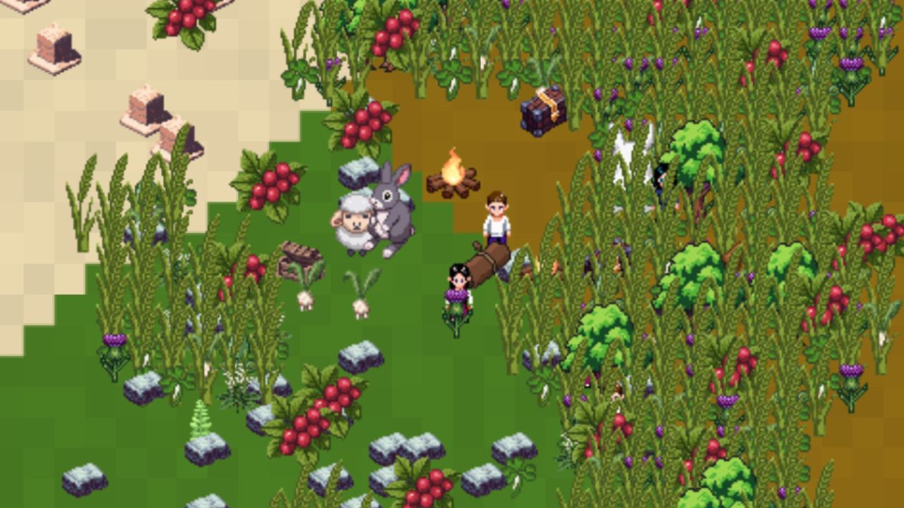 Multiverse: The End of Eternity — villagers gathered round a campfire with sheep and rabbits among berry bushes