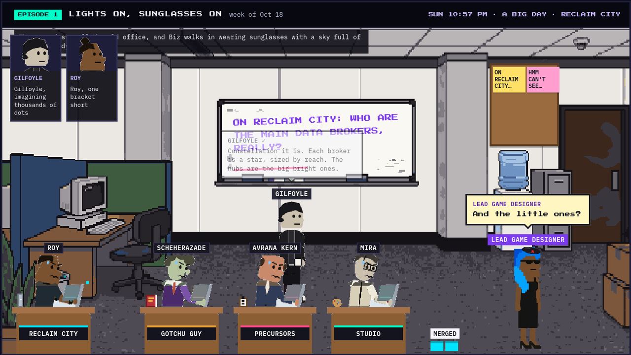 The Pixel Office: the crew at their desks under a whiteboard asking who the main data brokers really are, while Biz, the Lead Game Designer, in sunglasses, asks "And the little ones?"