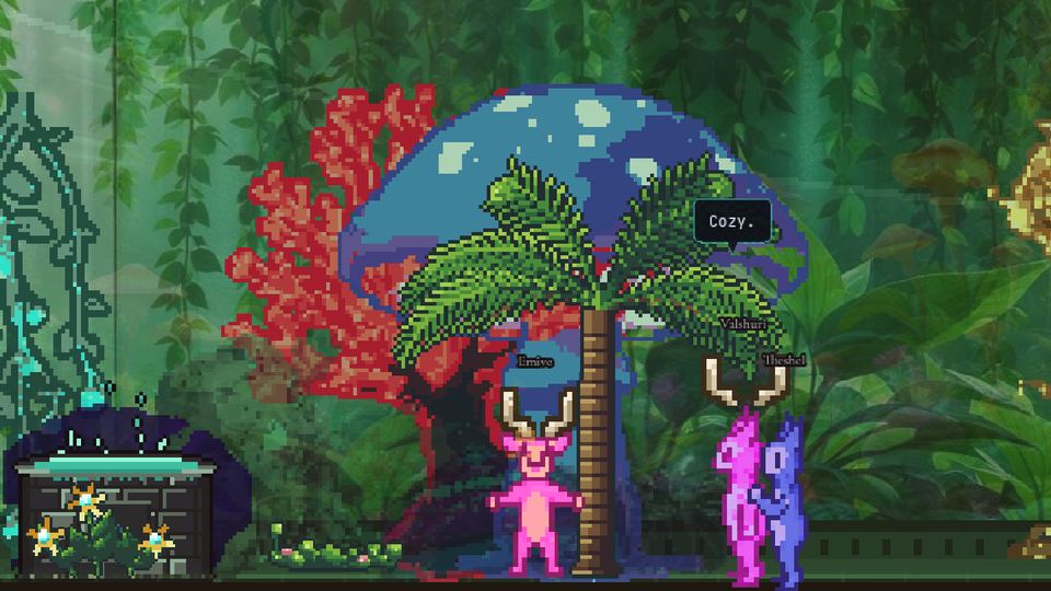 Precursors: three Norns under a giant mushroom and fern in a rich jungle biome, one saying "Cozy."