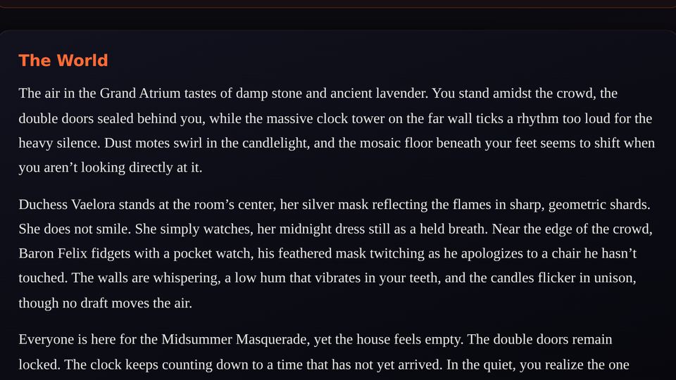 Whispers: the AI dungeon master opens a gothic masquerade in the Grand Atrium, Duchess Vaelora at its centre