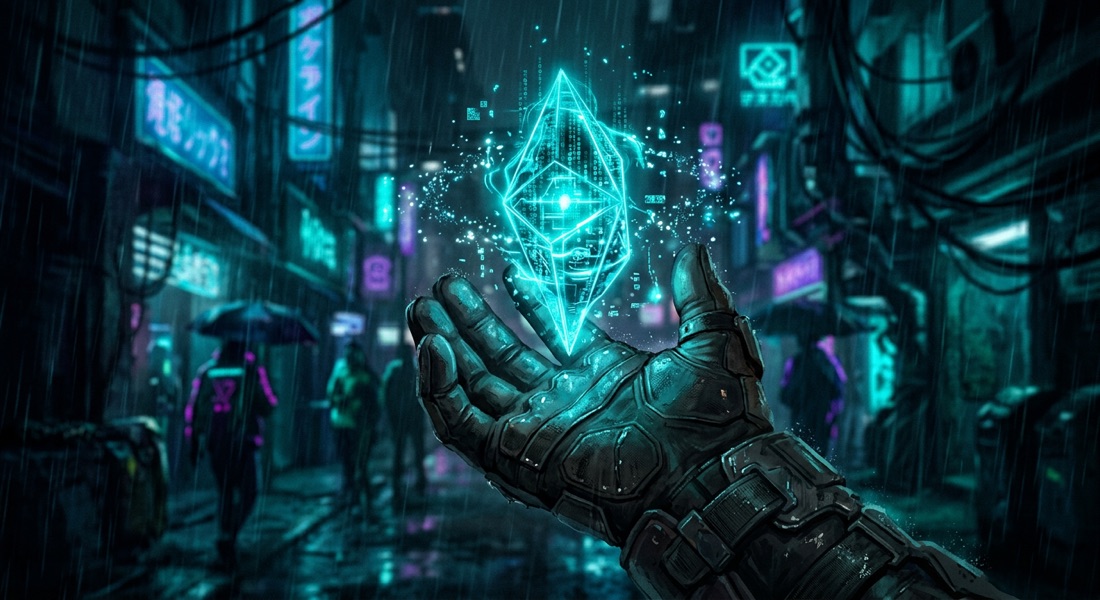 A hand-sized glowing cyan data shard floating over a gloved hand on a dark rainy cyberpunk street, light particles trailing, teal and cyan palette