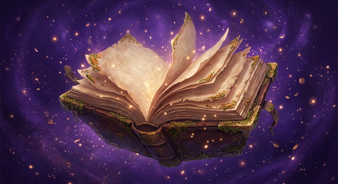 An open ancient book floating in a violet void, pages drifting apart with soft glowing light between them, tiny moss-covered edges, floating specks of light