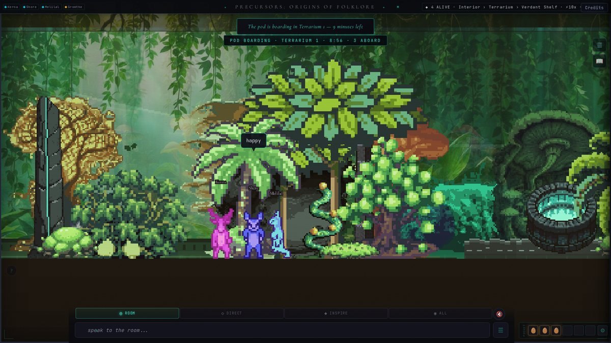 Three Norns standing in a jungle garden. At the top, a notice reads: The pod is boarding, 9 minutes left. Below it, a countdown line shows 8:56 and 3 aboard.