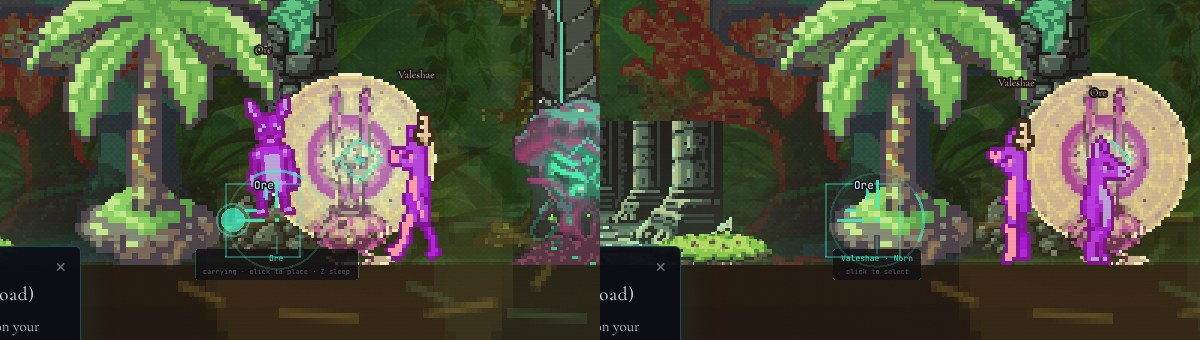 Two frames in a jungle room. Left: a purple Norn named Ore is carried toward a glowing round machine as another Norn watches. Right: Ore stands in front of the machine, mended.