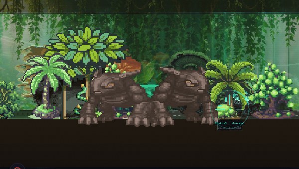 Two large grey Grendels in a jungle room, face to face with their forelimbs locked.