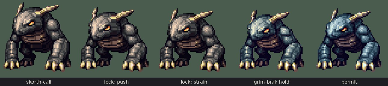 Five frames of a grey horned Grendel, labelled skorth-call, lock: push, lock: strain, grim-brak hold, and permit. The hide shifts from grey to a warm blue across the frames.