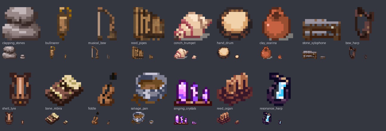 A sheet of sixteen pixel-art instruments, labelled: clapping stones, bullroarer, musical bow, reed pipes, conch trumpet, hand drum, clay ocarina, stone xylophone, bow harp, shell lyre, bone mbira, fiddle, salvage pan, singing crystals, reed organ, resonance harp.