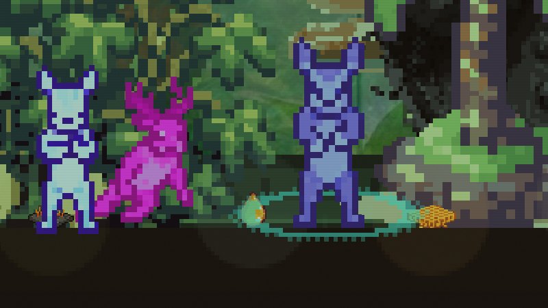A pink antlered Norn bending down toward the ground beside two standing Norns.