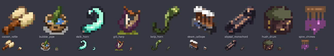 A row of nine pixel-art instruments made from strange plants, labelled: cocoon rattle, bubble pipe, stalk horn, gill harp, kelp horn, steam calliope, abyssal monochord, hush drum, spire chimes.